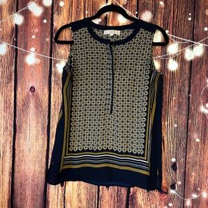 LOFT Petite Navy and Gold Patterned Blouse